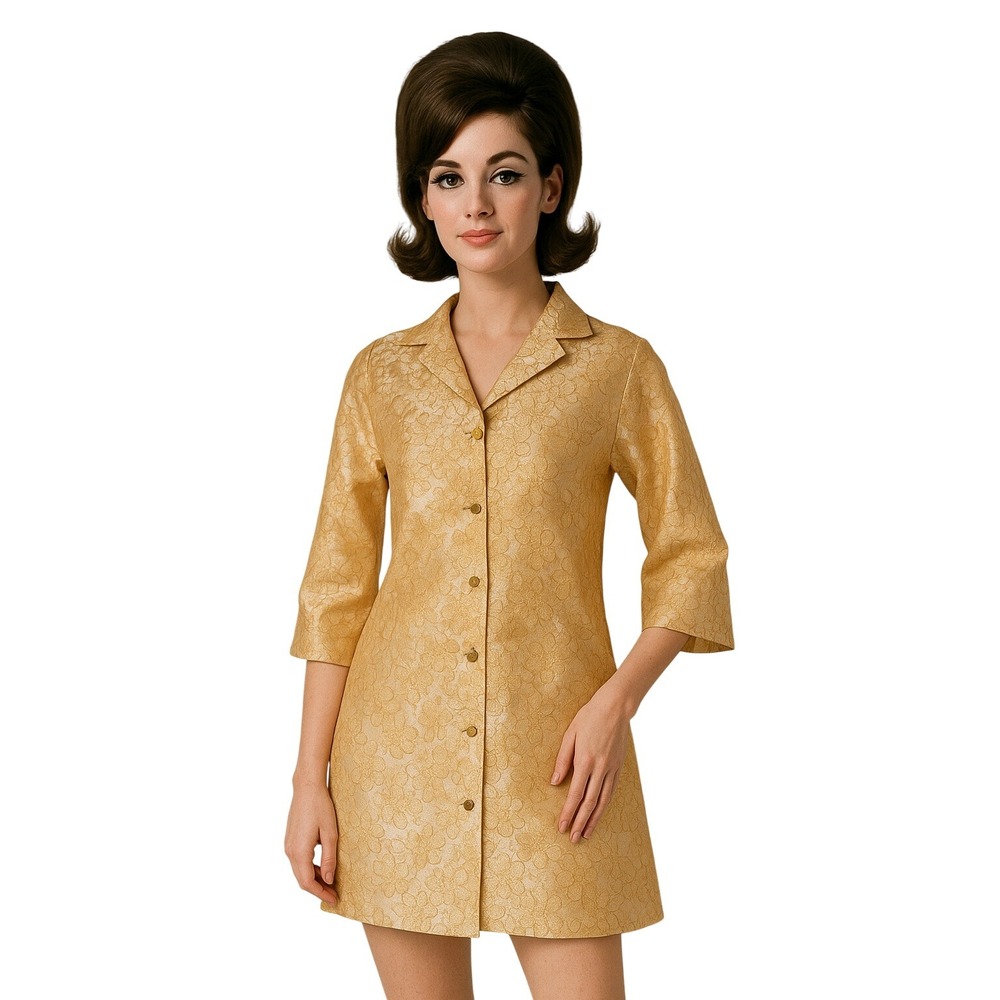 1960s Gold Brocade Floral Button Front Jacket Coat Dress 3/4 Sleeve Collared‎